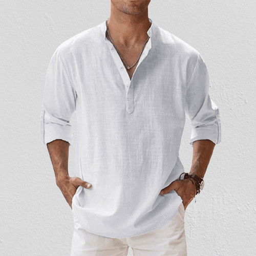 Men's Linen Blend Long Sleeve Henley Shirt – Casual Regular Fit for Spring/Summer