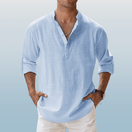 Men's Linen Blend Long Sleeve Henley Shirt – Casual Regular Fit for Spring/Summer