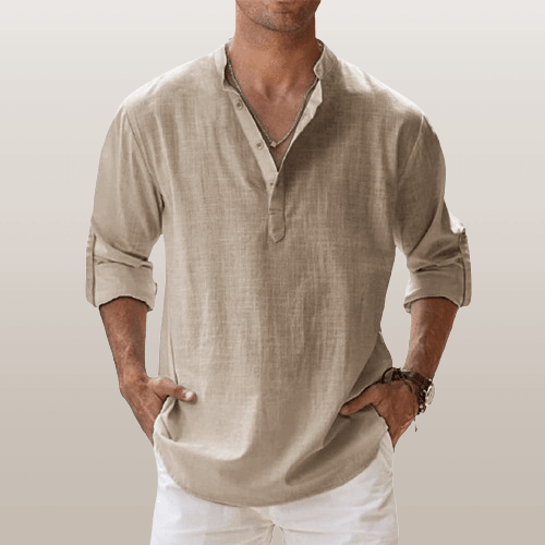 Men's Linen Blend Long Sleeve Henley Shirt – Casual Regular Fit for Spring/Summer