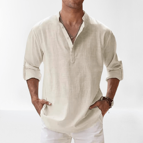Men's Linen Blend Long Sleeve Henley Shirt – Casual Regular Fit for Spring/Summer