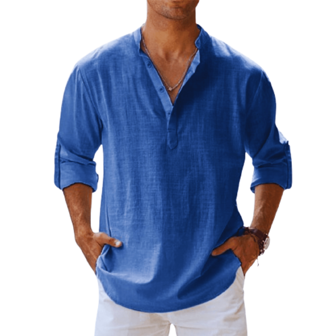 Men's Linen Blend Long Sleeve Henley Shirt – Casual Regular Fit for Spring/Summer