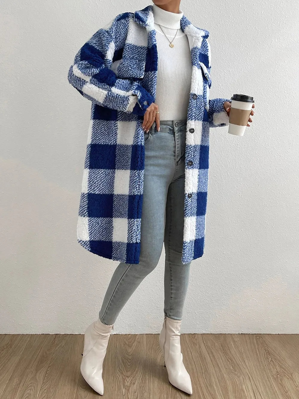 Women's Cozy Long Plaid Teddy Fleece Coat with Button Front & Pockets - Stylish Winter Outerwear