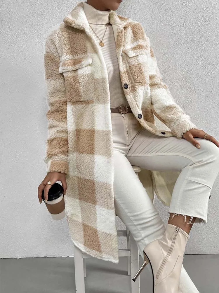 Women's Cozy Long Plaid Teddy Fleece Coat with Button Front & Pockets - Stylish Winter Outerwear