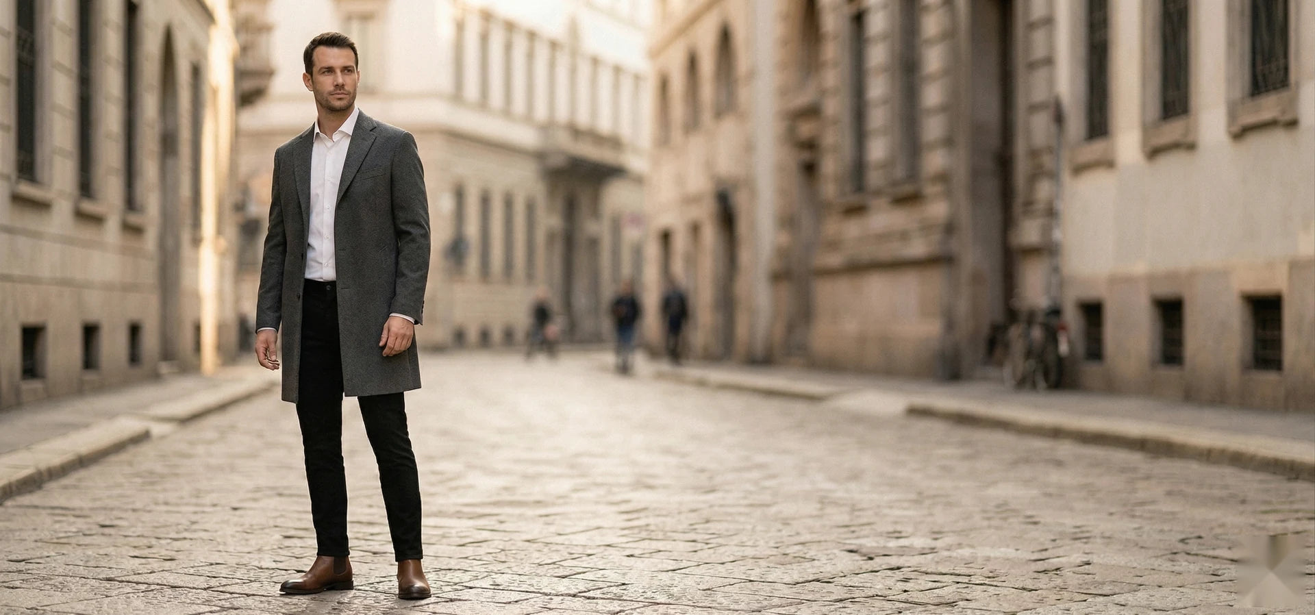 Man in a gray coat standing on a cobblestone street in an urban setting