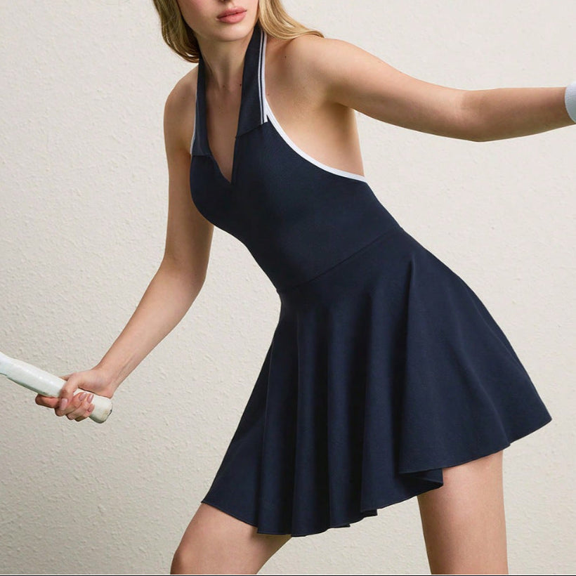 Women's Navy Blue Sporty Halter Neck Tennis Dress - Lightweight, Breathable Performance Wear for Active Play