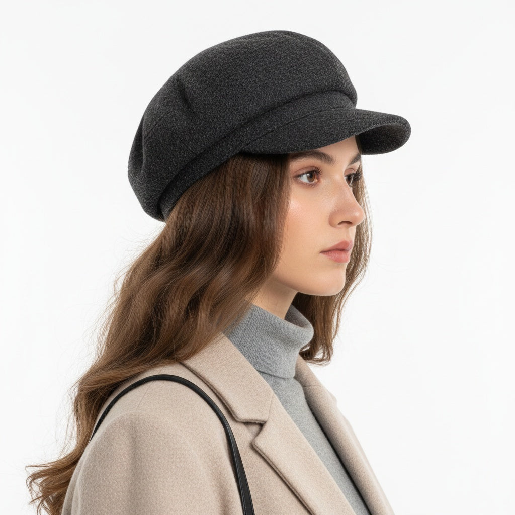 Structured Wool-Blend Baker Boy Beret in Charcoal Gray