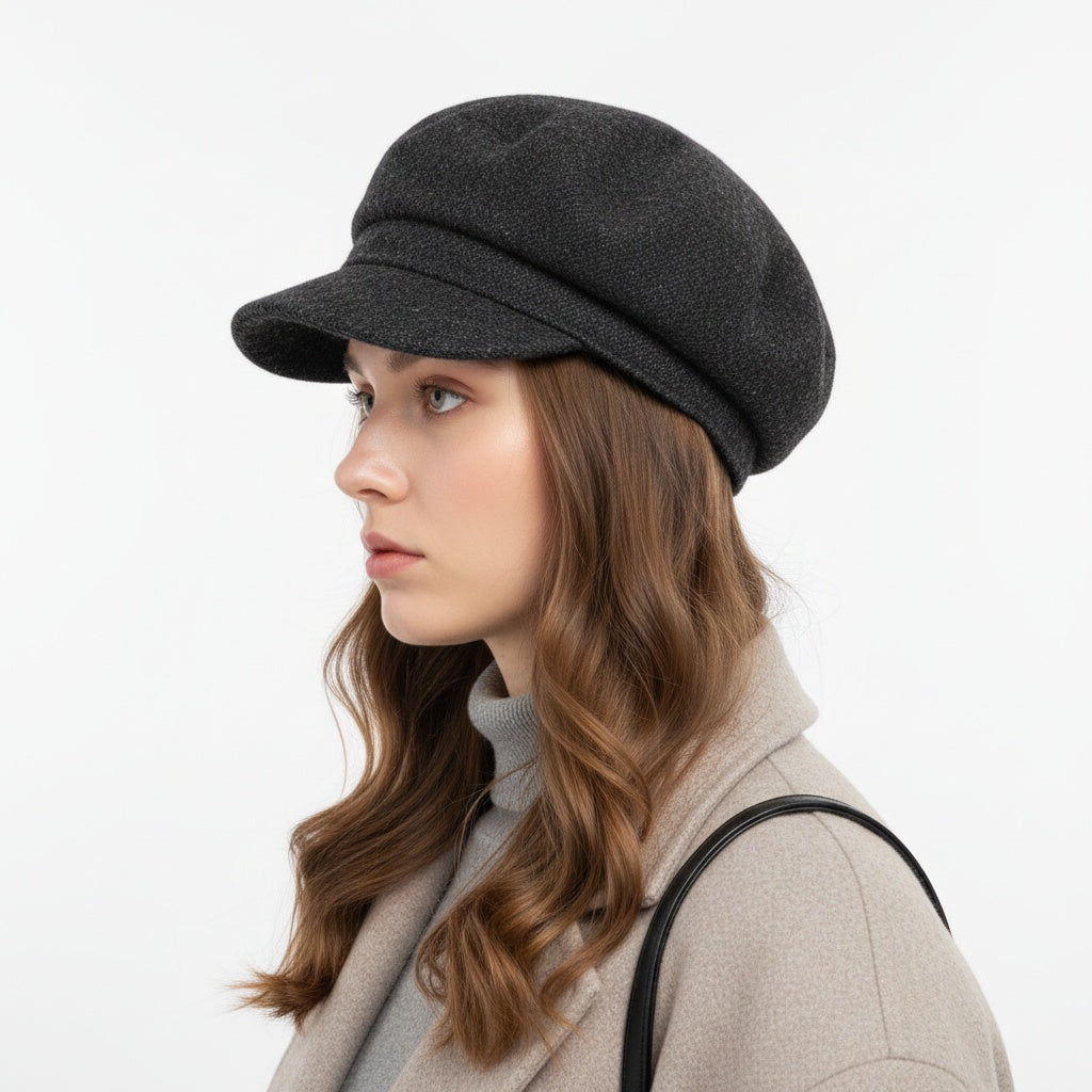 Structured Wool-Blend Baker Boy Beret in Charcoal Gray