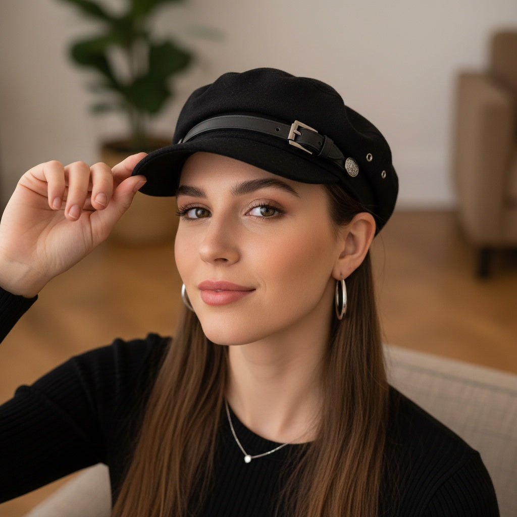 Buckle-Trim Structured Beret Cap in Classic