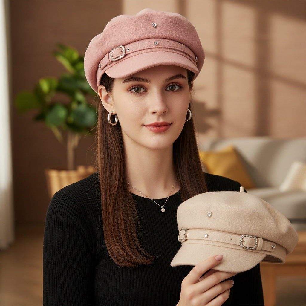 Buckle-Trim Structured Beret Cap in Classic