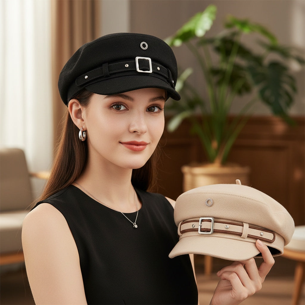 Buckle-Trim Structured Beret Cap in Classic