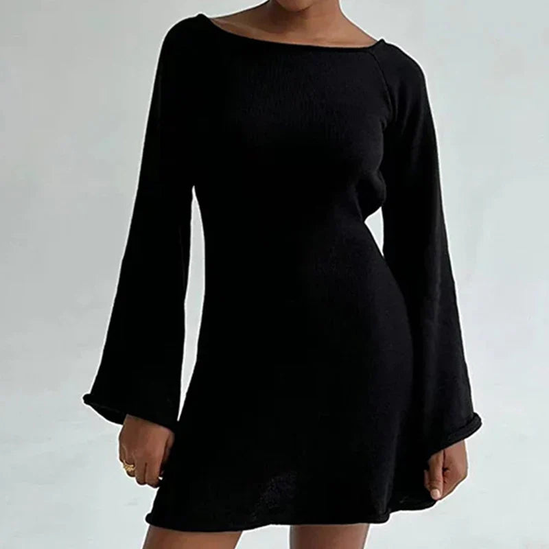 Chic Women's Long Sleeve Mini Dress with Wide Neckline & Flared Cuffs - Stylish & Comfortable Fashion