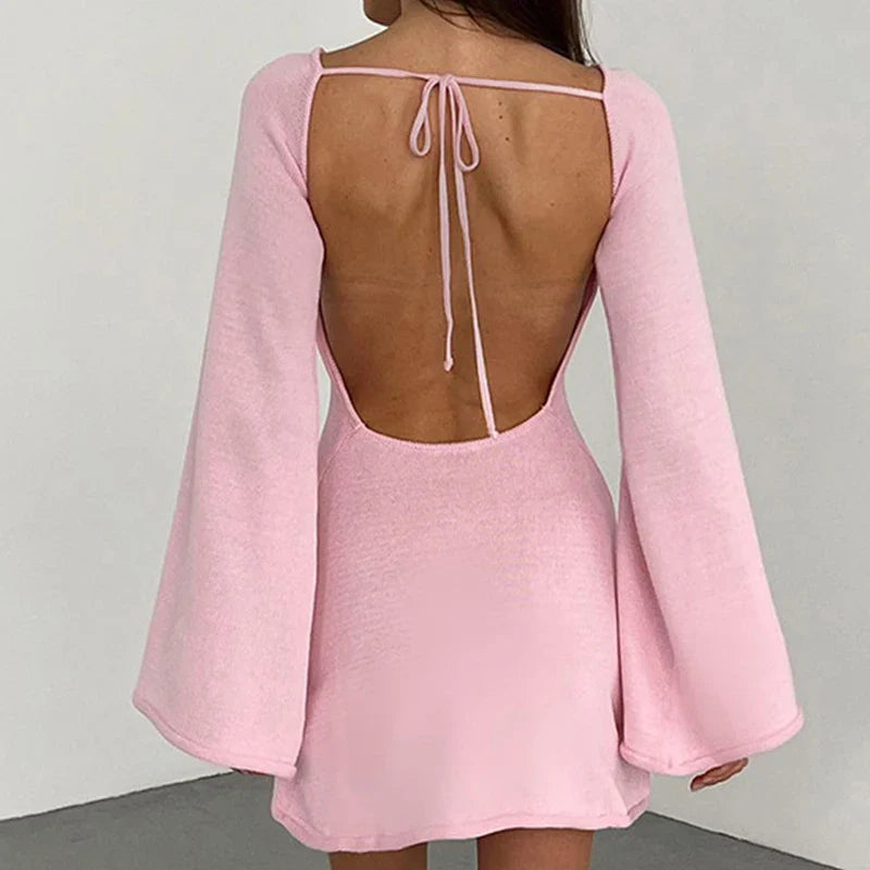 Chic Women's Long Sleeve Mini Dress with Wide Neckline & Flared Cuffs - Stylish & Comfortable Fashion