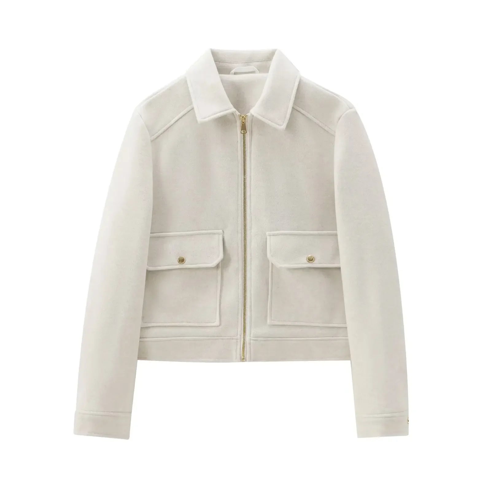 Stylish Women's Short Lapel Bomber Jacket - Zip Front & Flap Pockets - Trendy Outerwear for Casual & Chic Looks