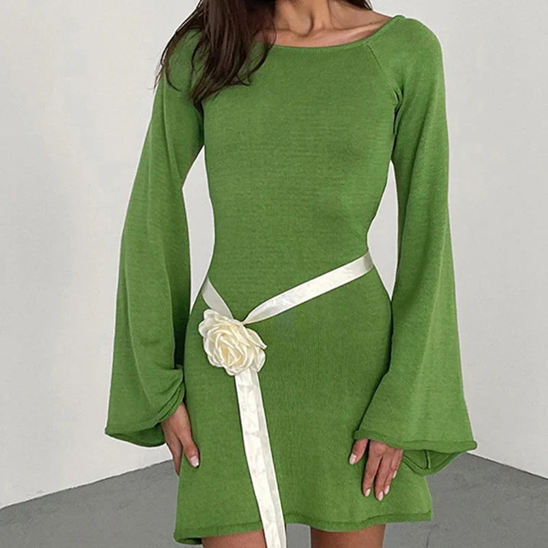 Chic Women's Long Sleeve Mini Dress with Wide Neckline & Flared Cuffs - Stylish & Comfortable Fashion
