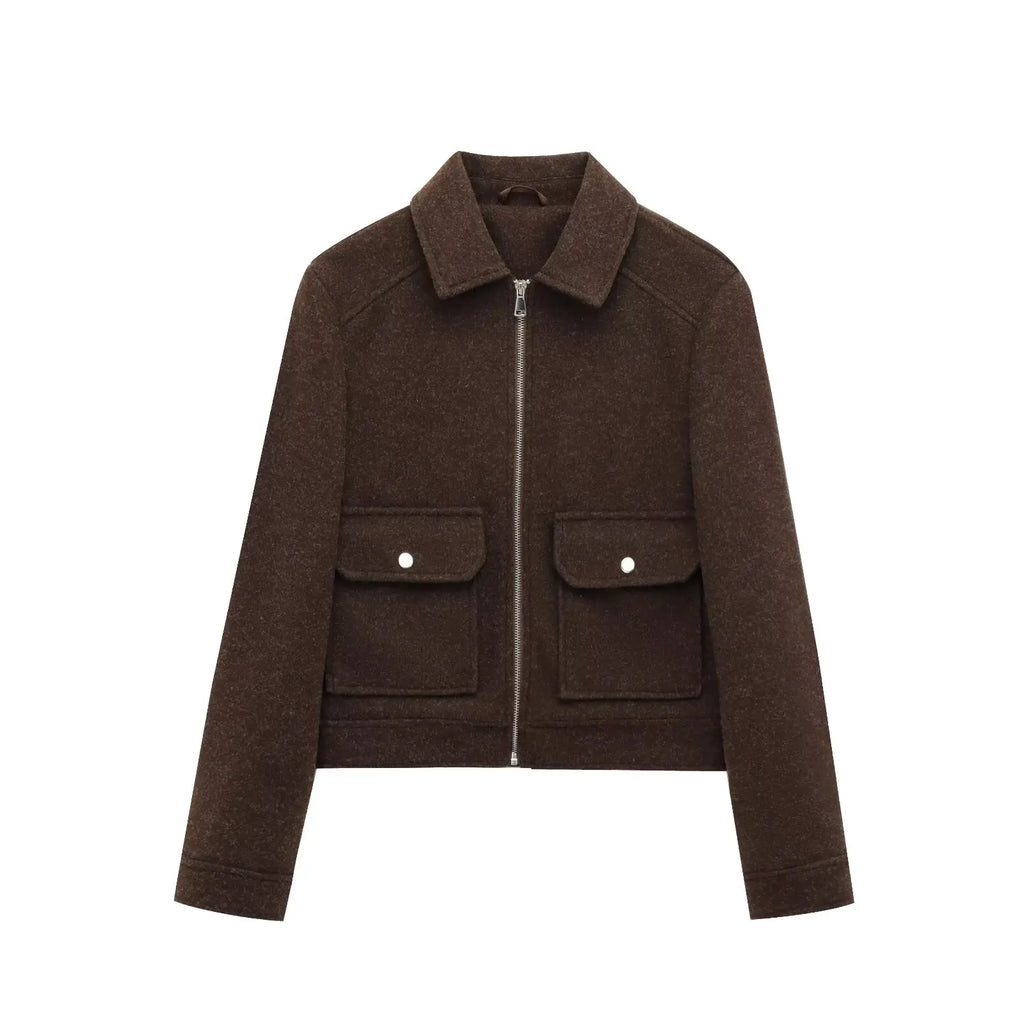 Stylish Women's Short Lapel Bomber Jacket - Zip Front & Flap Pockets - Trendy Outerwear for Casual & Chic Looks
