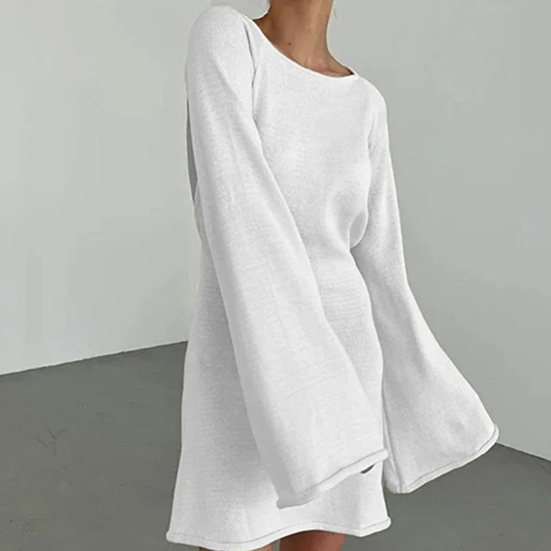 Chic Women's Long Sleeve Mini Dress with Wide Neckline & Flared Cuffs - Stylish & Comfortable Fashion