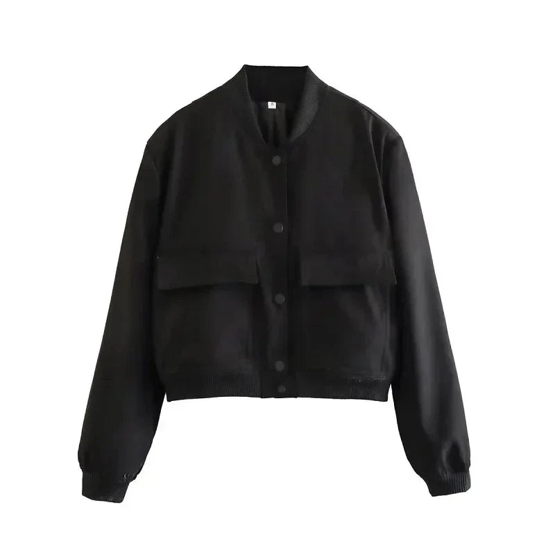 Women's Cropped Bomber Jacket with Baseball Collar & Snap Buttons - Stylish & Trendy Outerwear