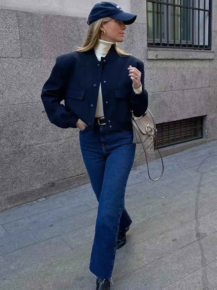 Women's Cropped Bomber Jacket with Baseball Collar & Snap Buttons - Stylish & Trendy Outerwear
