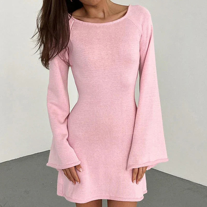 Chic Women's Long Sleeve Mini Dress with Wide Neckline & Flared Cuffs - Stylish & Comfortable Fashion