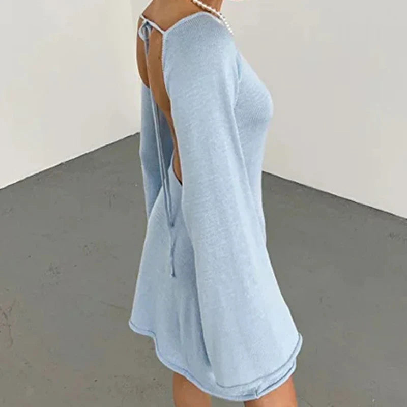Chic Women's Long Sleeve Mini Dress with Wide Neckline & Flared Cuffs - Stylish & Comfortable Fashion