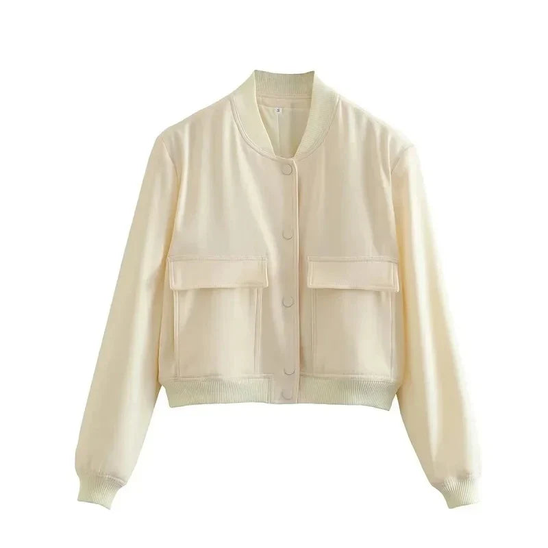 Women's Cropped Bomber Jacket with Baseball Collar & Snap Buttons - Stylish & Trendy Outerwear
