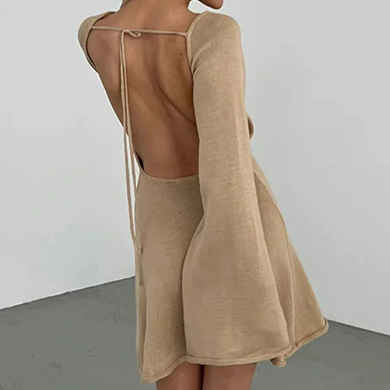Chic Women's Long Sleeve Mini Dress with Wide Neckline & Flared Cuffs - Stylish & Comfortable Fashion