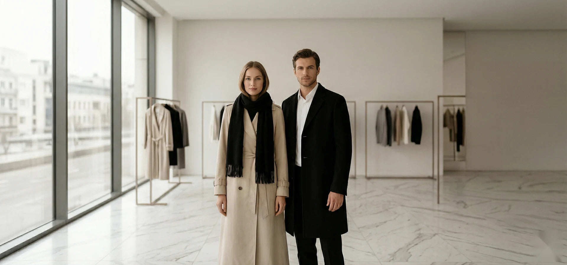 Two people standing in a modern clothing store with large windows.