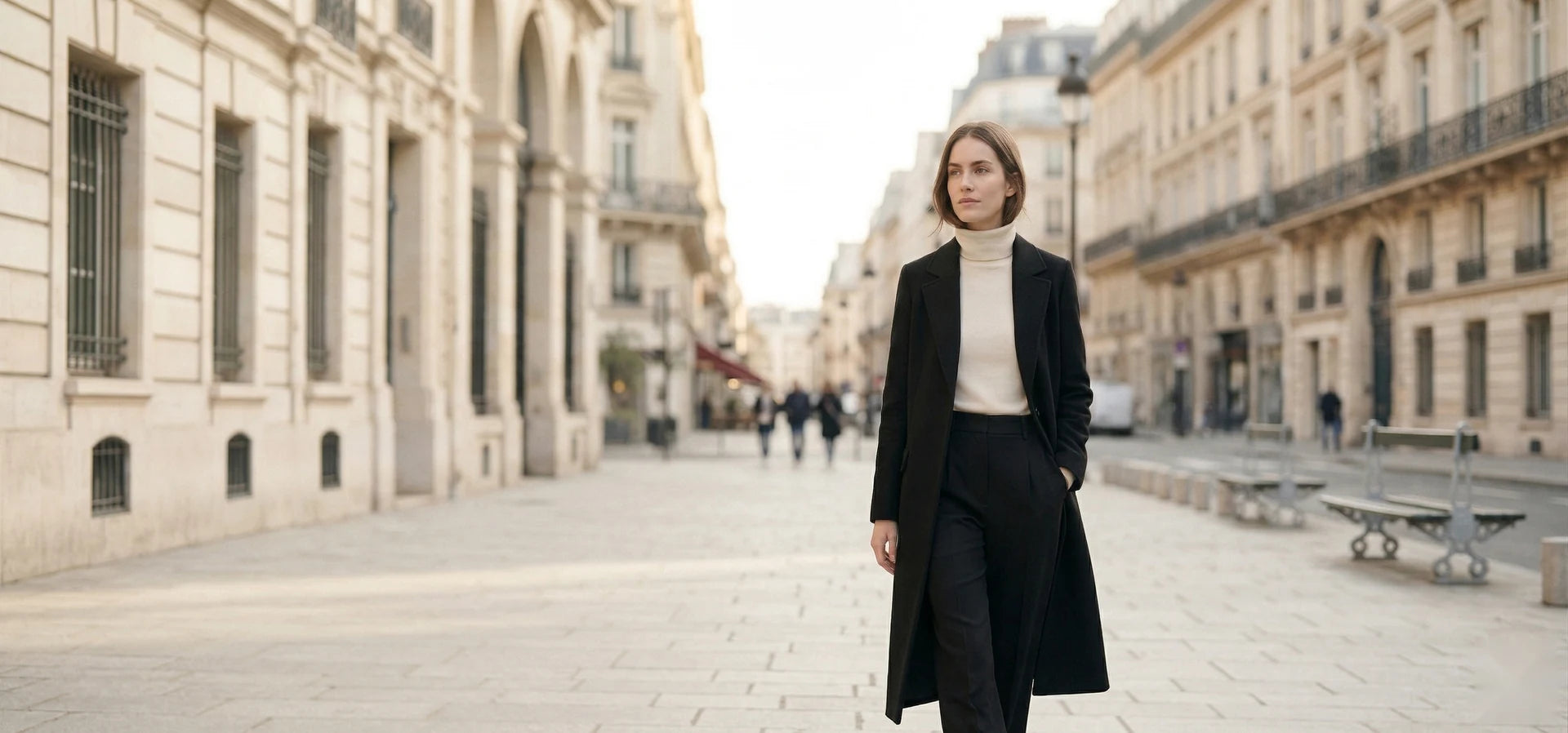 Woman in a black coat standing on a city street with classical architecture.