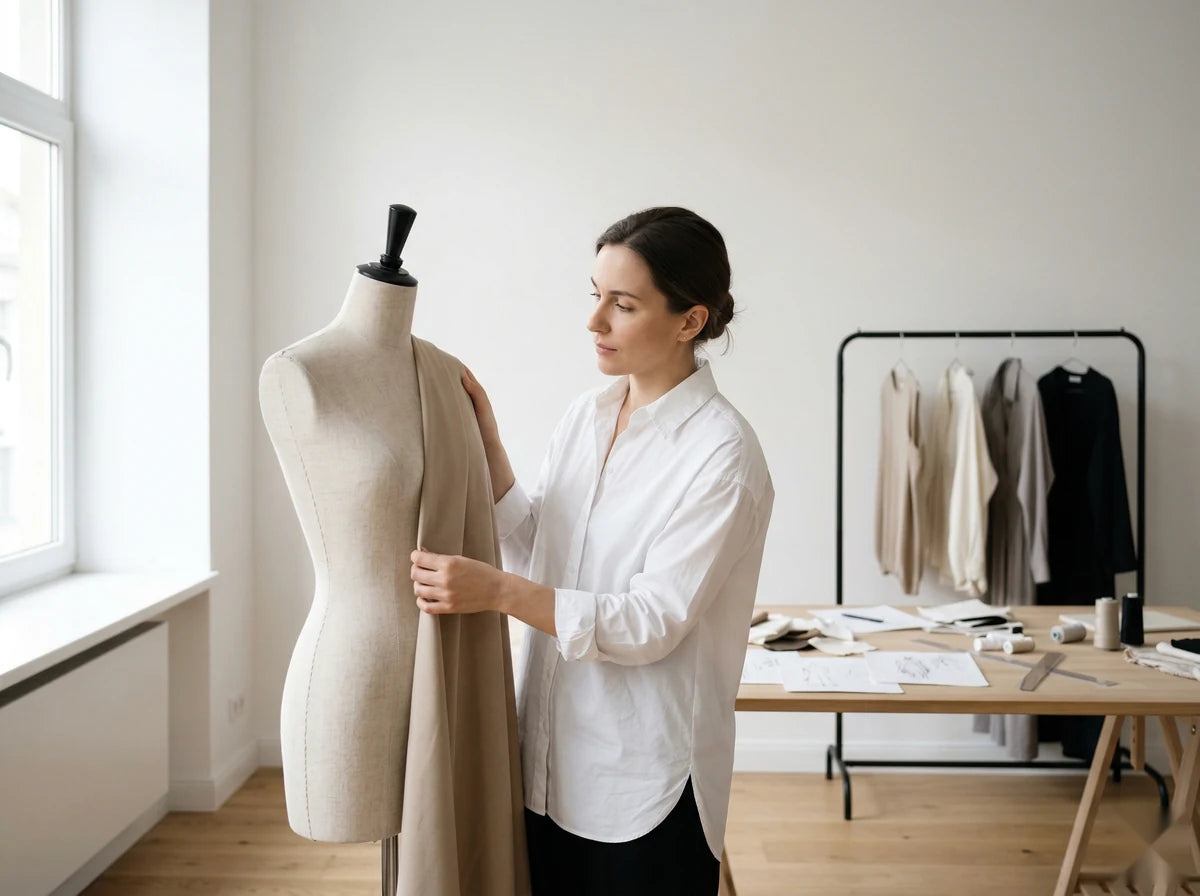 Woman working with fabric on a mannequin in a design studio.