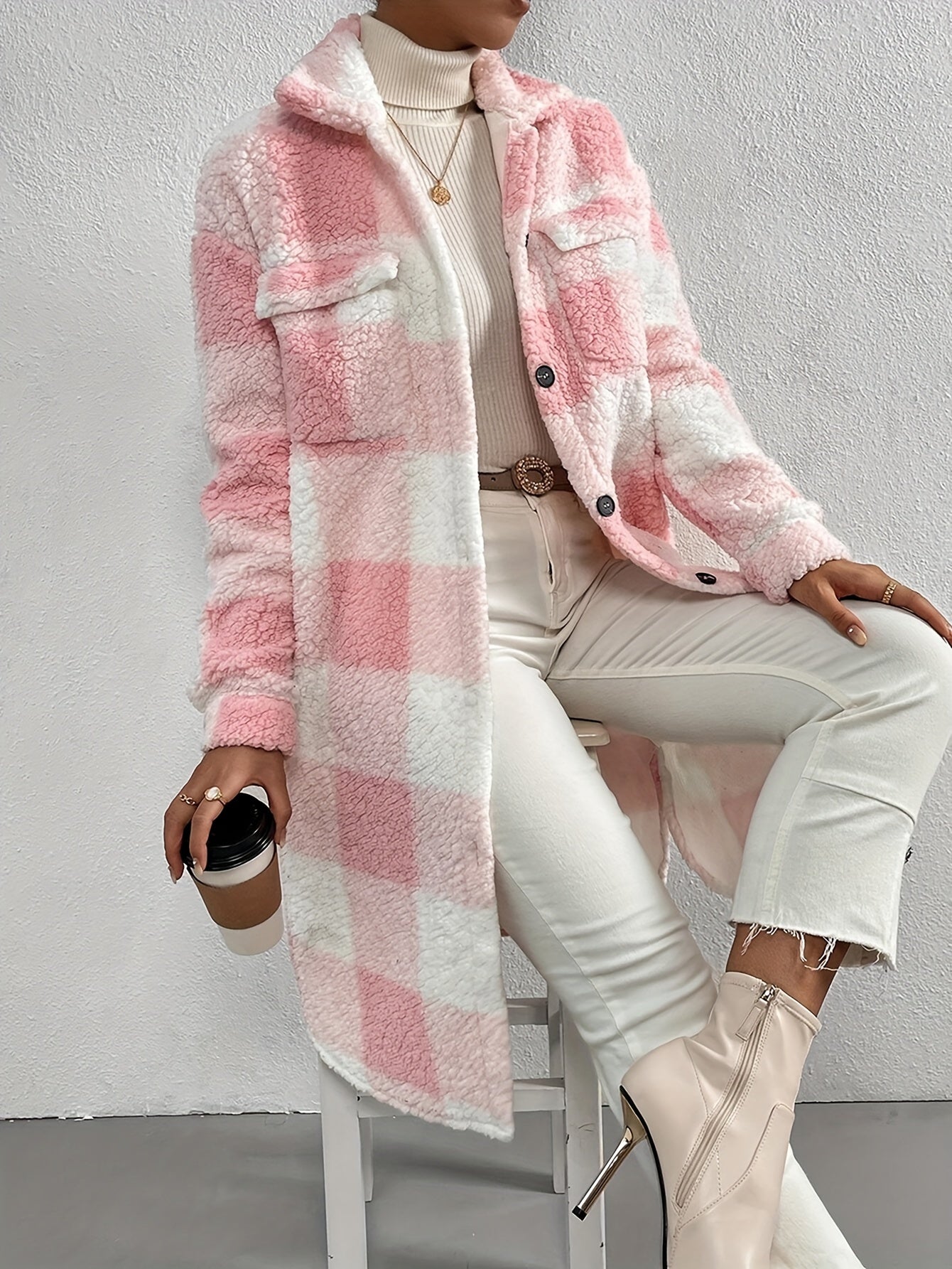 Women's Cozy Long Plaid Teddy Fleece Coat with Button Front & Pockets - Stylish Winter Outerwear