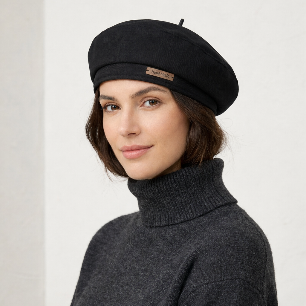 Black Woven Beret Hat with Hand Made Label and Structured