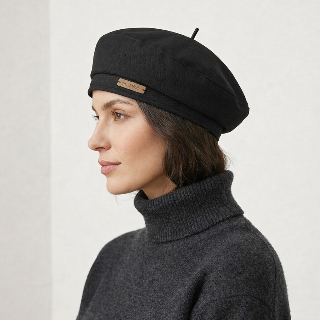 Black Woven Beret Hat with Hand Made Label and Structured