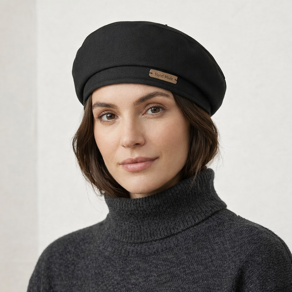 Black Woven Beret Hat with Hand Made Label and Structured