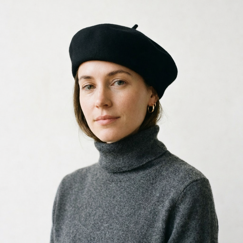 Black Structured Felt Beret Hat with Top Stalk