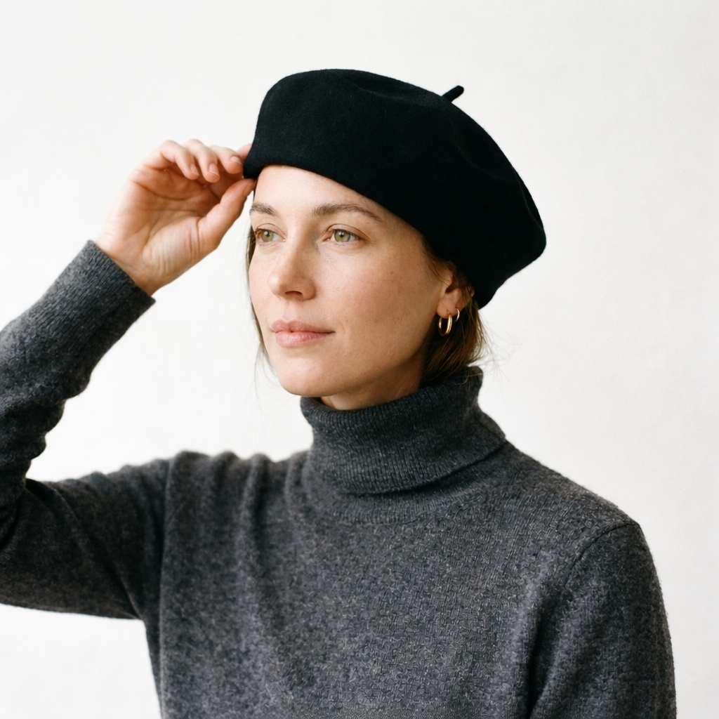 Black Structured Felt Beret Hat with Top Stalk