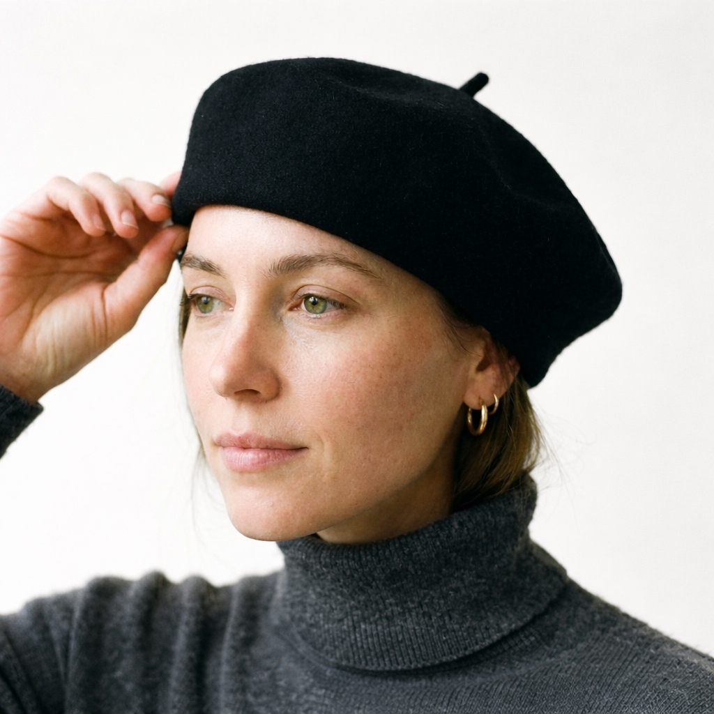 Black Structured Felt Beret Hat with Top Stalk