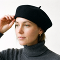 Black Structured Felt Beret Hat with Top Stalk