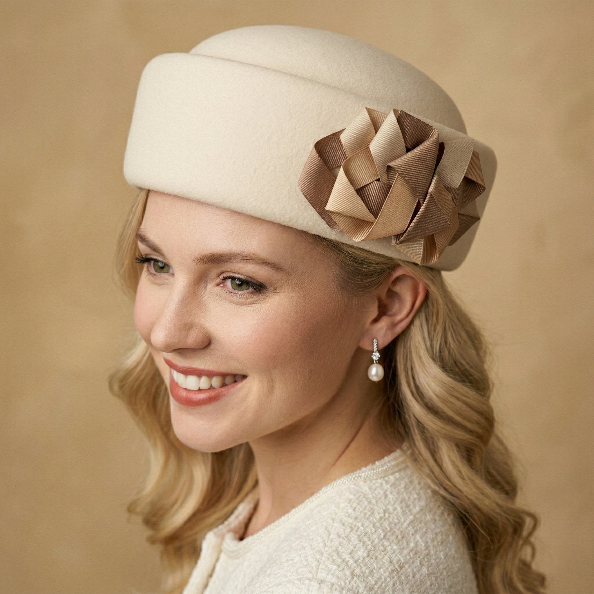 Ivory Felt Hat with Two-Tone Ribbon Flower