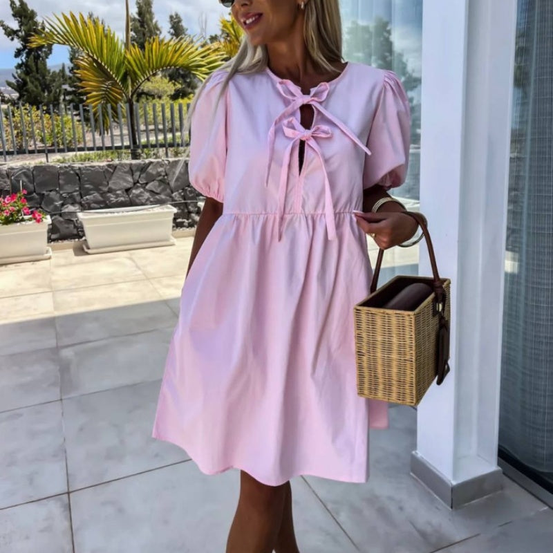 Chic Women's Mini Dress with Puff Sleeves & Stylish Front Bow Detail - Perfect for Any Occasion