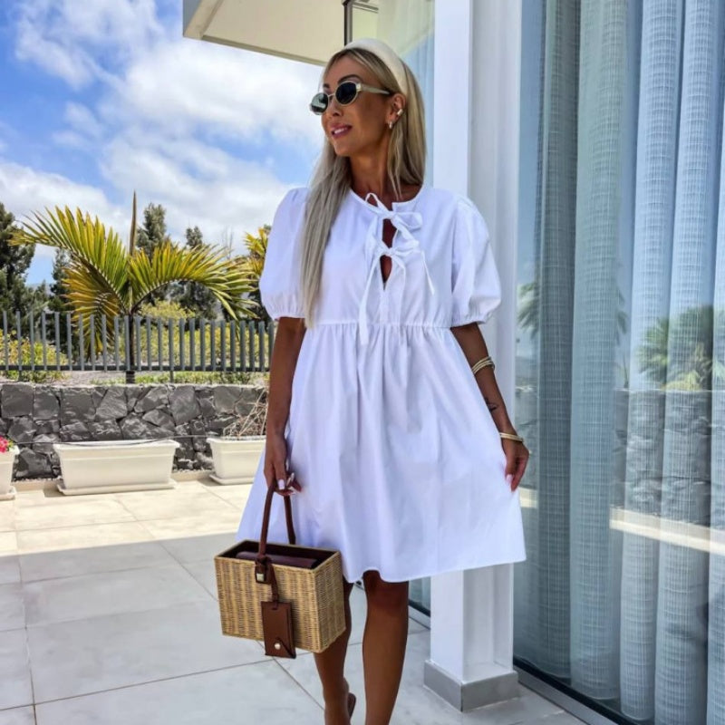 Chic Women's Mini Dress with Puff Sleeves & Stylish Front Bow Detail - Perfect for Any Occasion