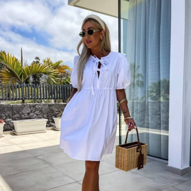 Chic Women's Mini Dress with Puff Sleeves & Stylish Front Bow Detail - Perfect for Any Occasion