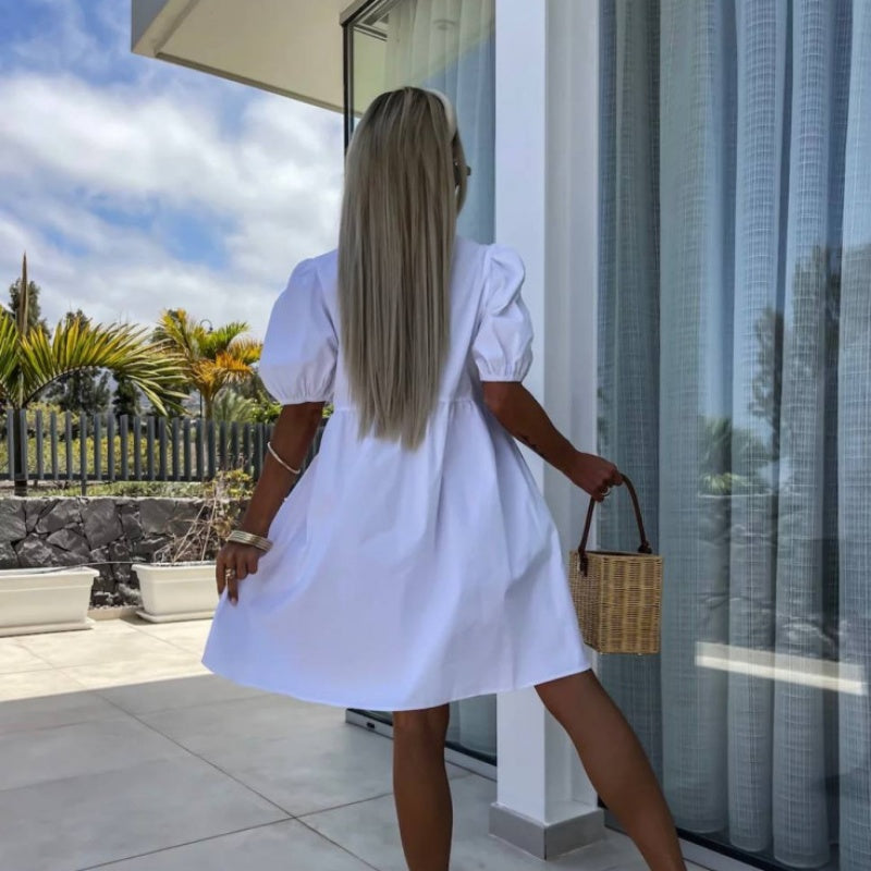 Chic Women's Mini Dress with Puff Sleeves & Stylish Front Bow Detail - Perfect for Any Occasion